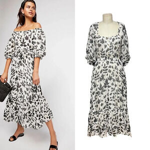 Carolina K for Free People Alexa Maxi Dress White Black Leaves Size Small‎